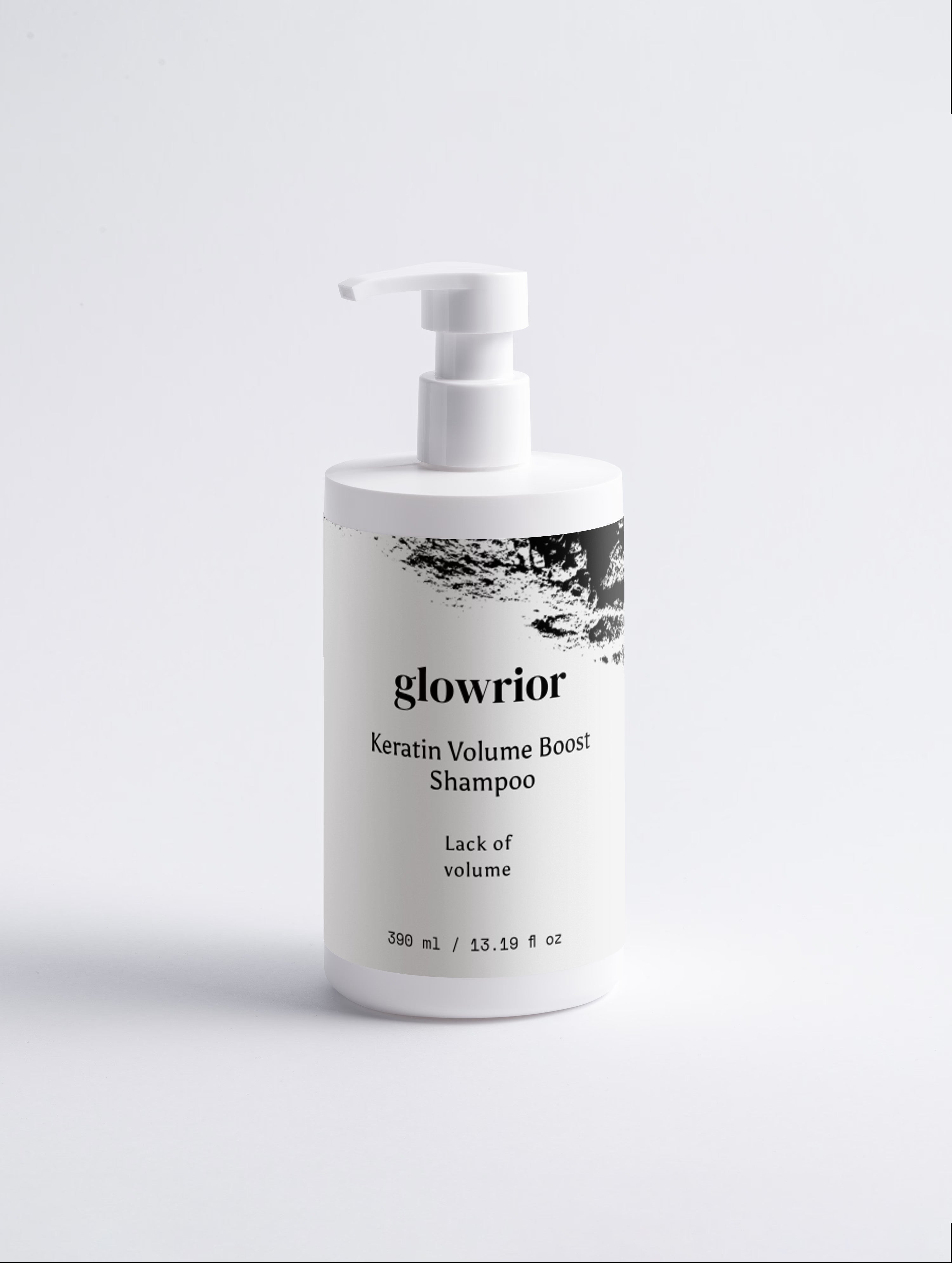 A white pump bottle of glowrior Keratin Volume Boost Shampoo on a light gray background.